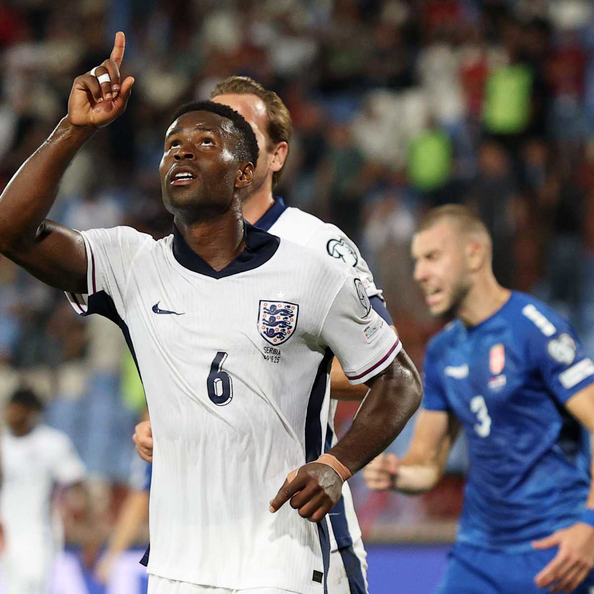 Marc Guehi celebrates after scoring for England