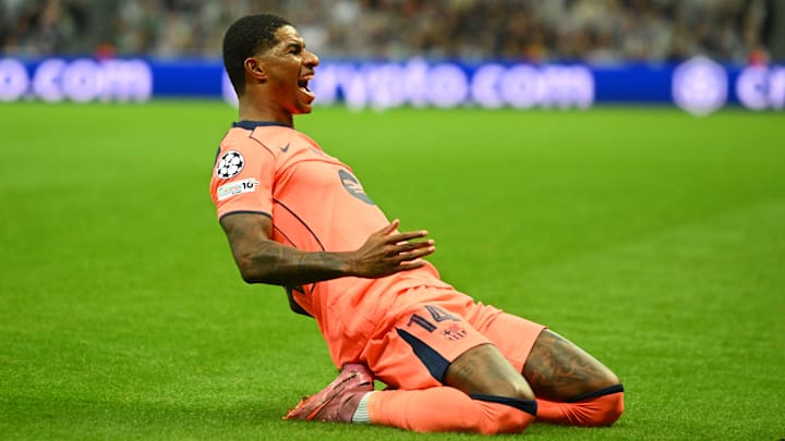Marcus Rashford celebrates his goal for Barcelona against Newcastle.